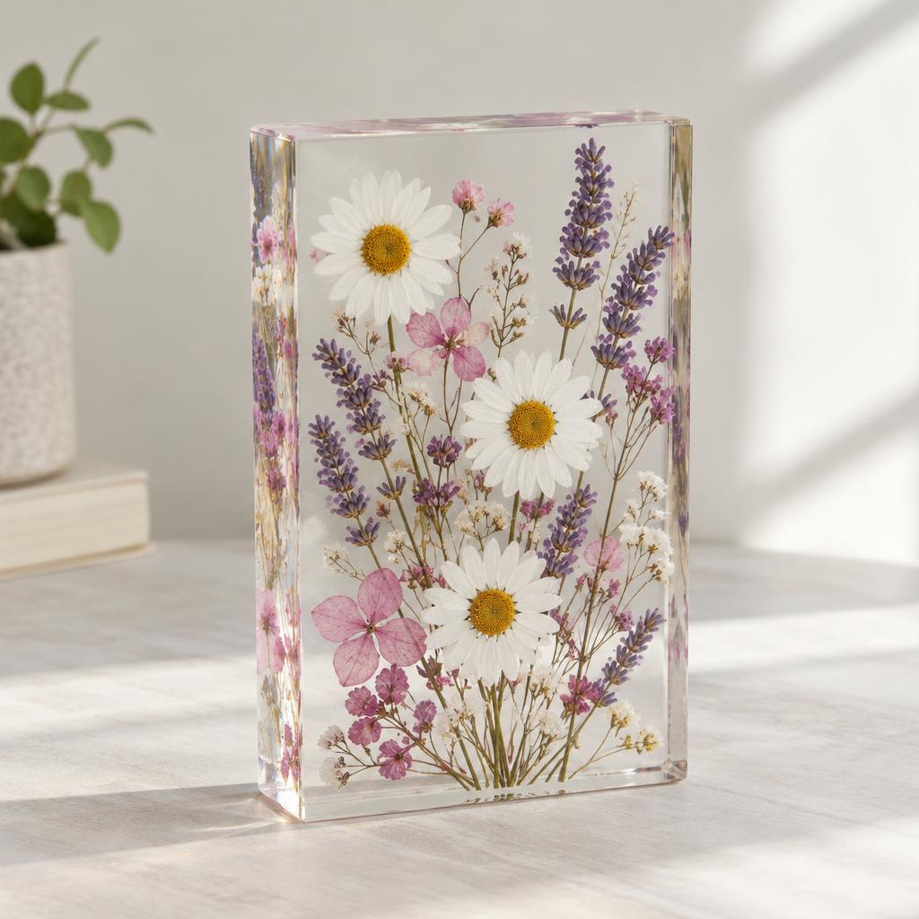 Cadre rectangulaire en résine transparente avec marguerites et fleurs roses et violettes