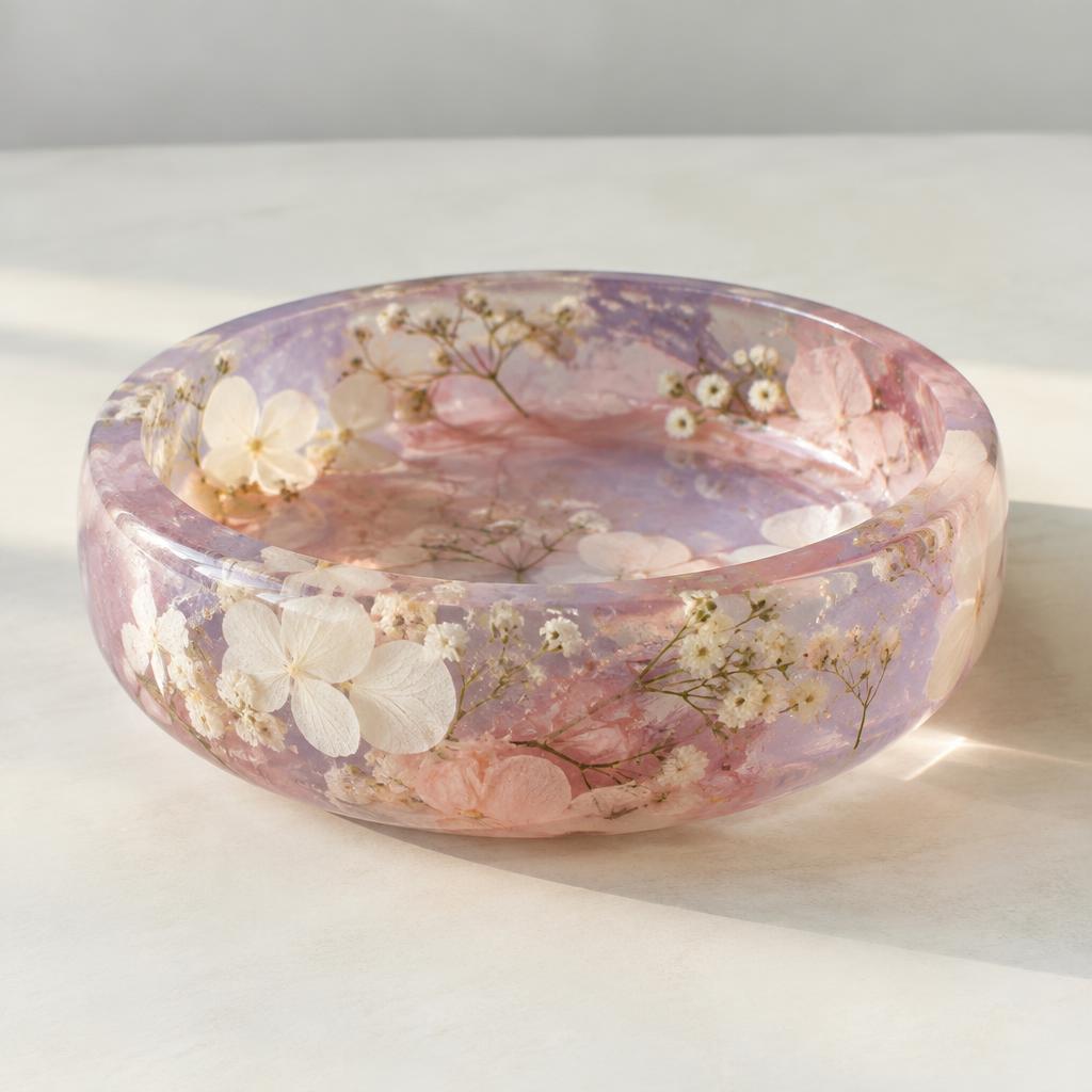 Centre de table rond en résine rose et violette avec inclusions de fleurs blanches