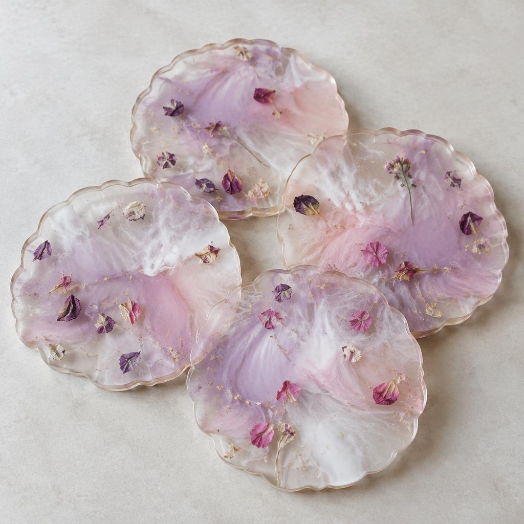 Quatre dessous de verre en résine rose et violette avec pétales et bords ondulés