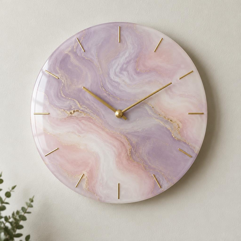 Horloge ronde en résine marbrée rose et violette avec aiguilles dorées