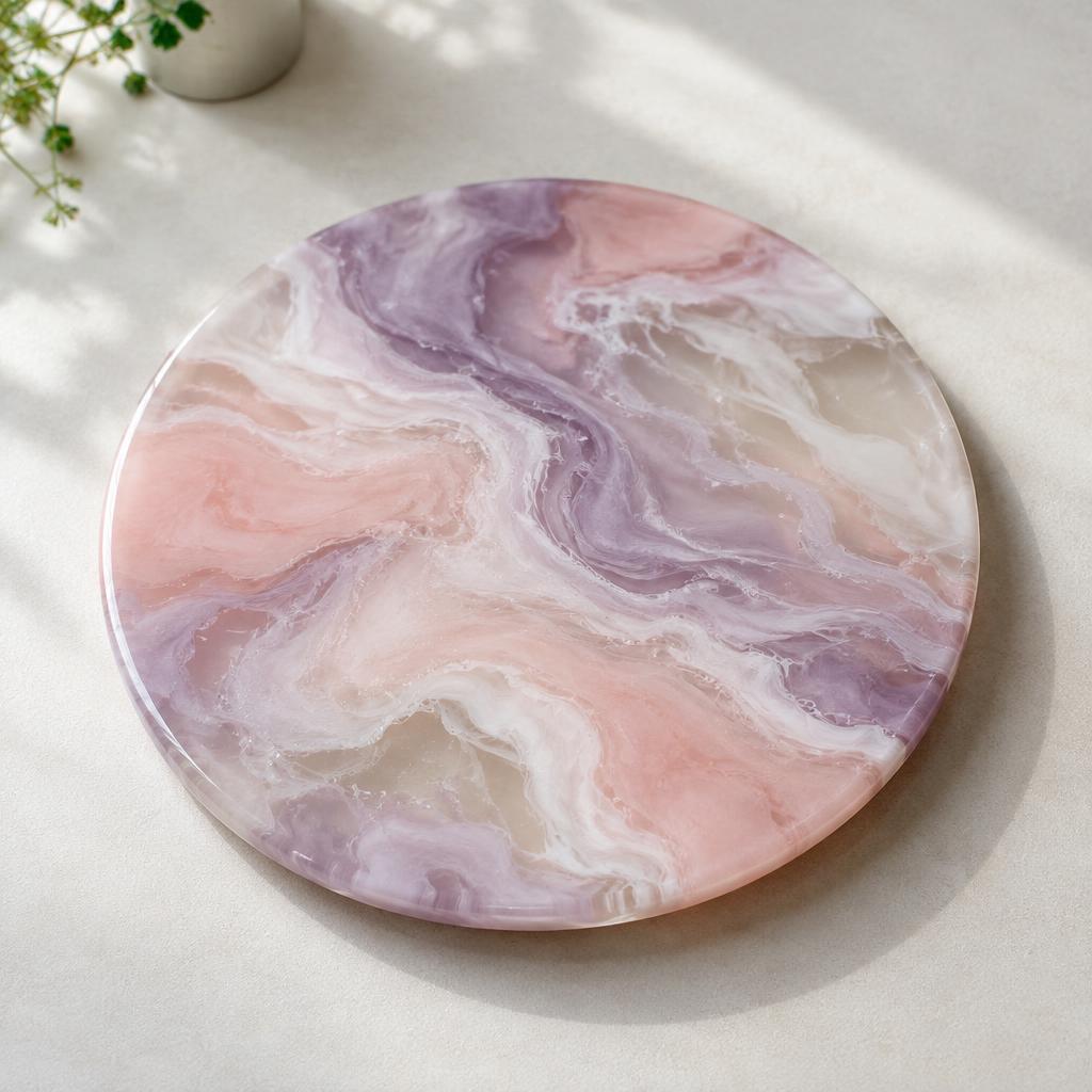 Sous-plat rond en résine aux marbrures blanches roses et violettes